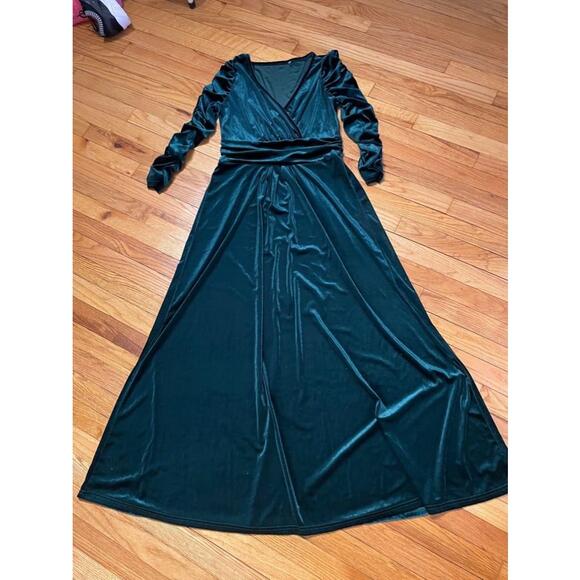 Velvet Velour Emerald Draped Flare Long Sleeve Evening Gown wrap holiday costume - Picture 6 of 8